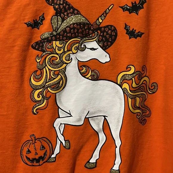Celebrate Halloween Unicorn Shimmer Orange Tee Shirt Girls XL 14/16 Like New - Picture 3 of 5